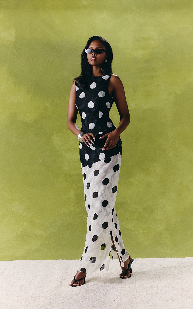 Monochrome Chiffon Oversized Polka Dot Jacquard Cowl Back Maxi Dress