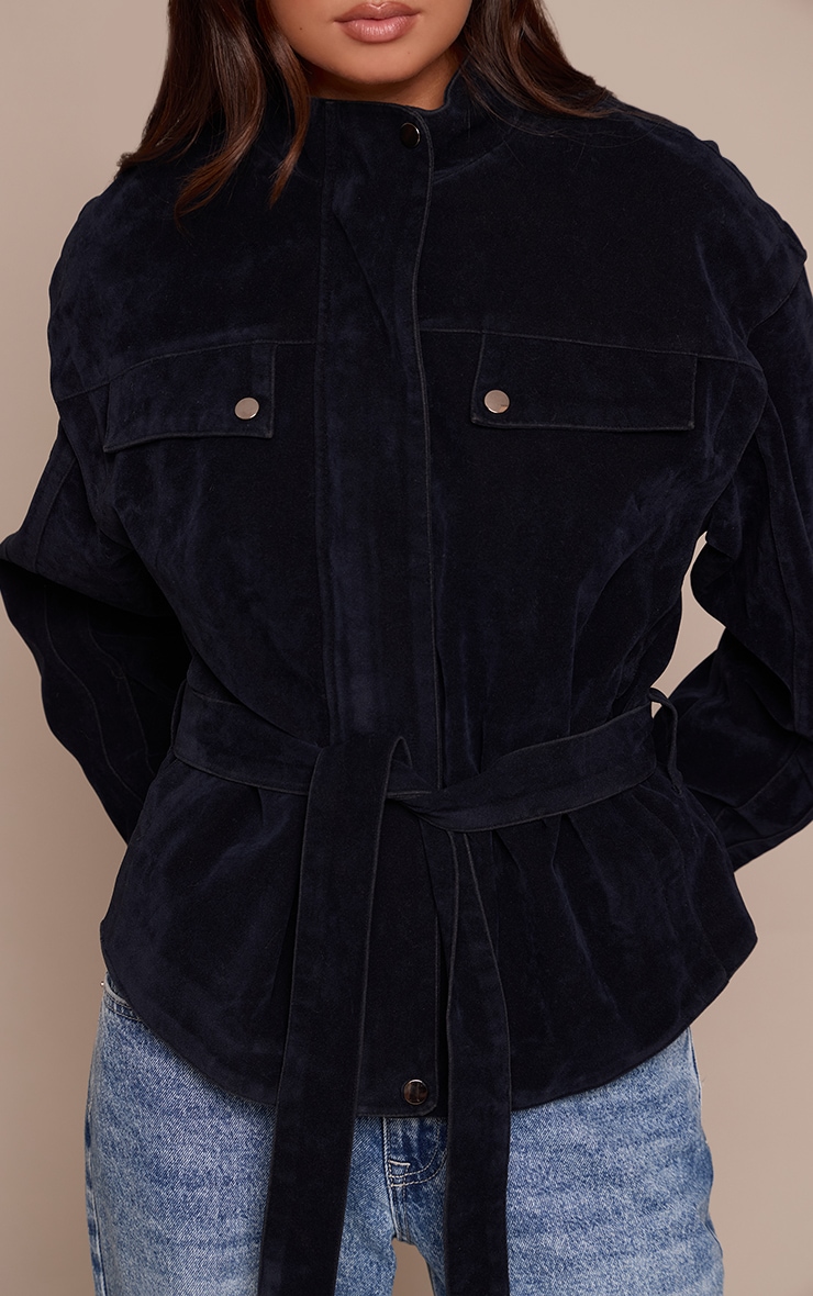 Navy Faux Suede Belted Drop Waist Jacket image 4