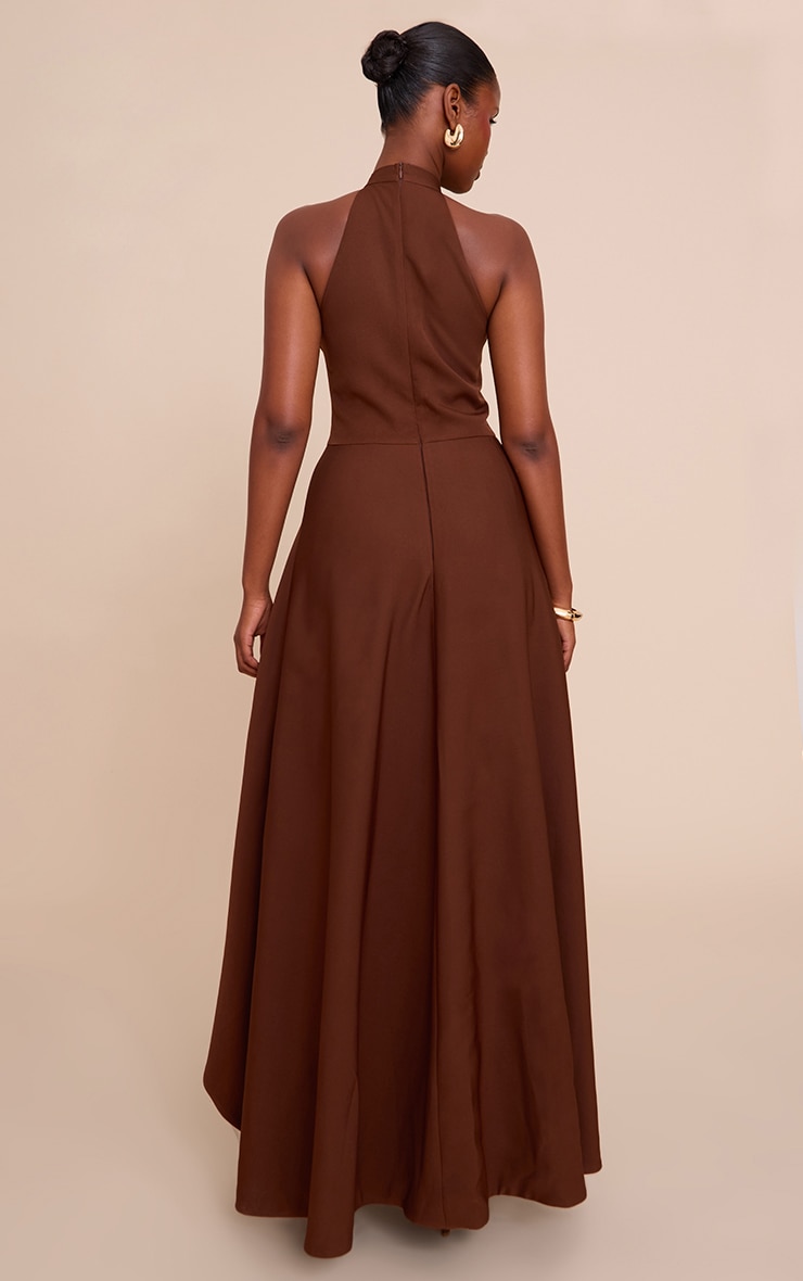 Chocolate Woven Halterneck Pleated Underlay Maxi Dress image 2