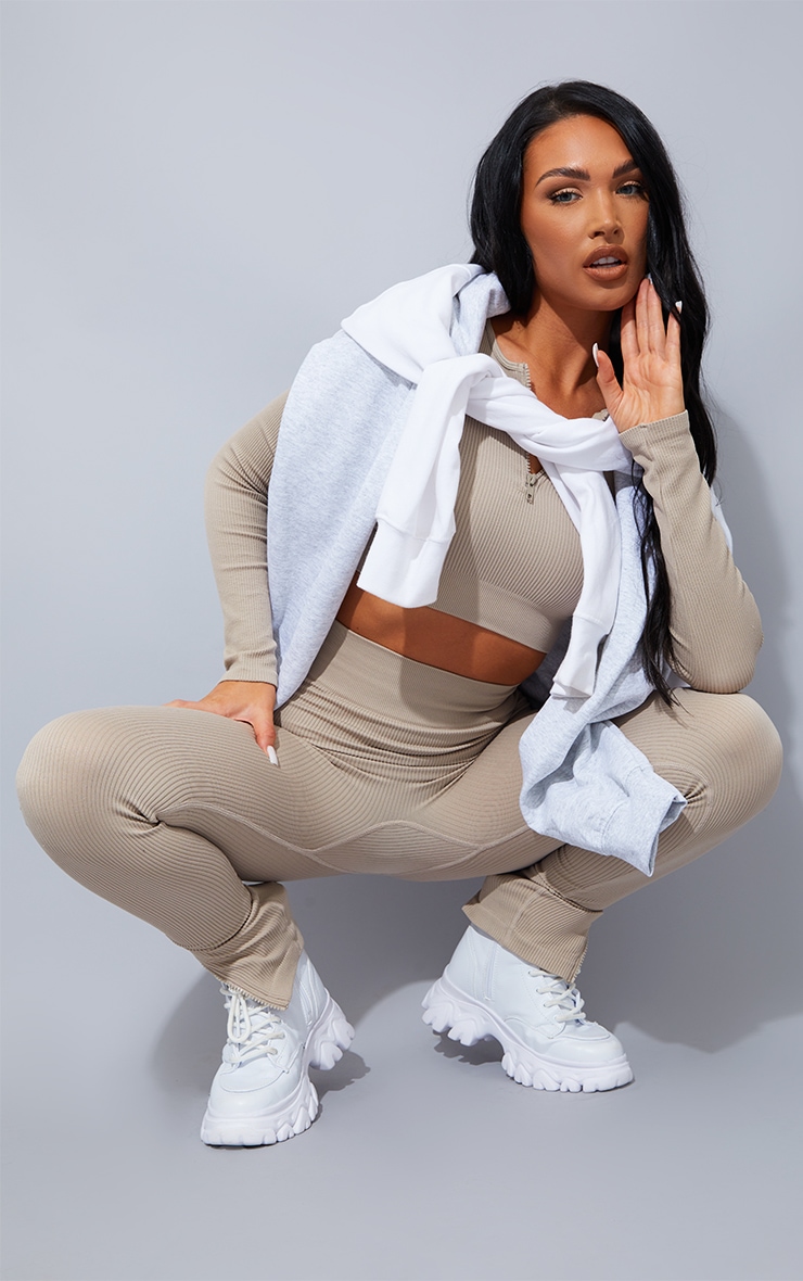 Stone Structured Snatched Rib Zip Up Long Sleeve Crop Top image 3