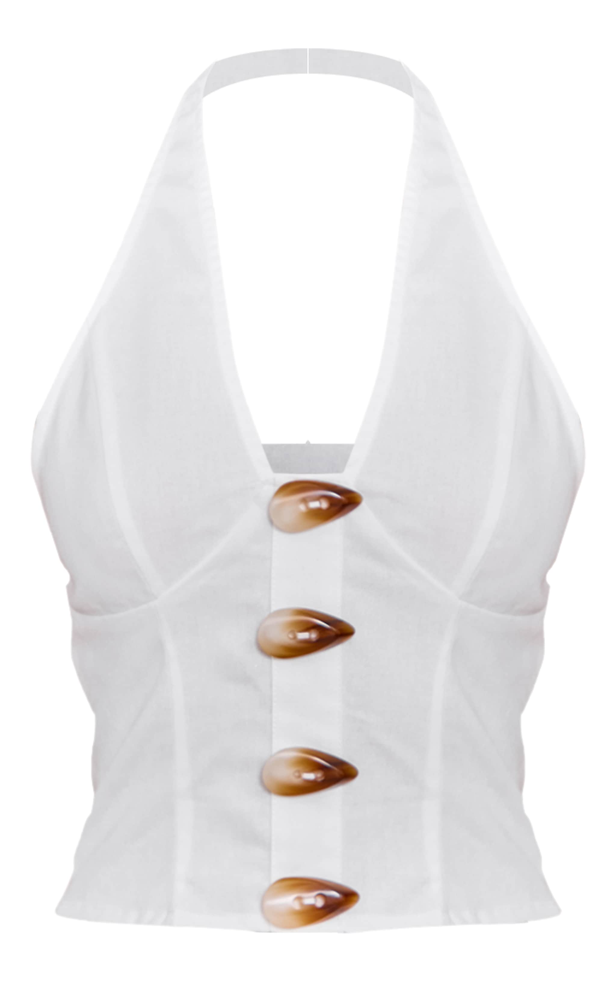White Woven Halterneck Button Detail Top image 5
