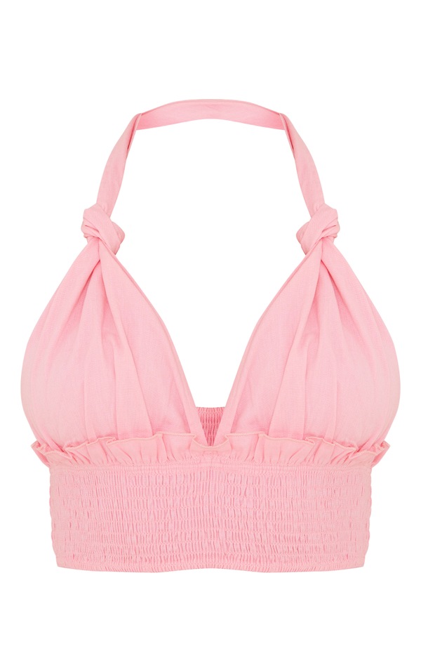 Pale Pink Linen Feel Knot Detail Halter Crop Top PrettyLittleThing