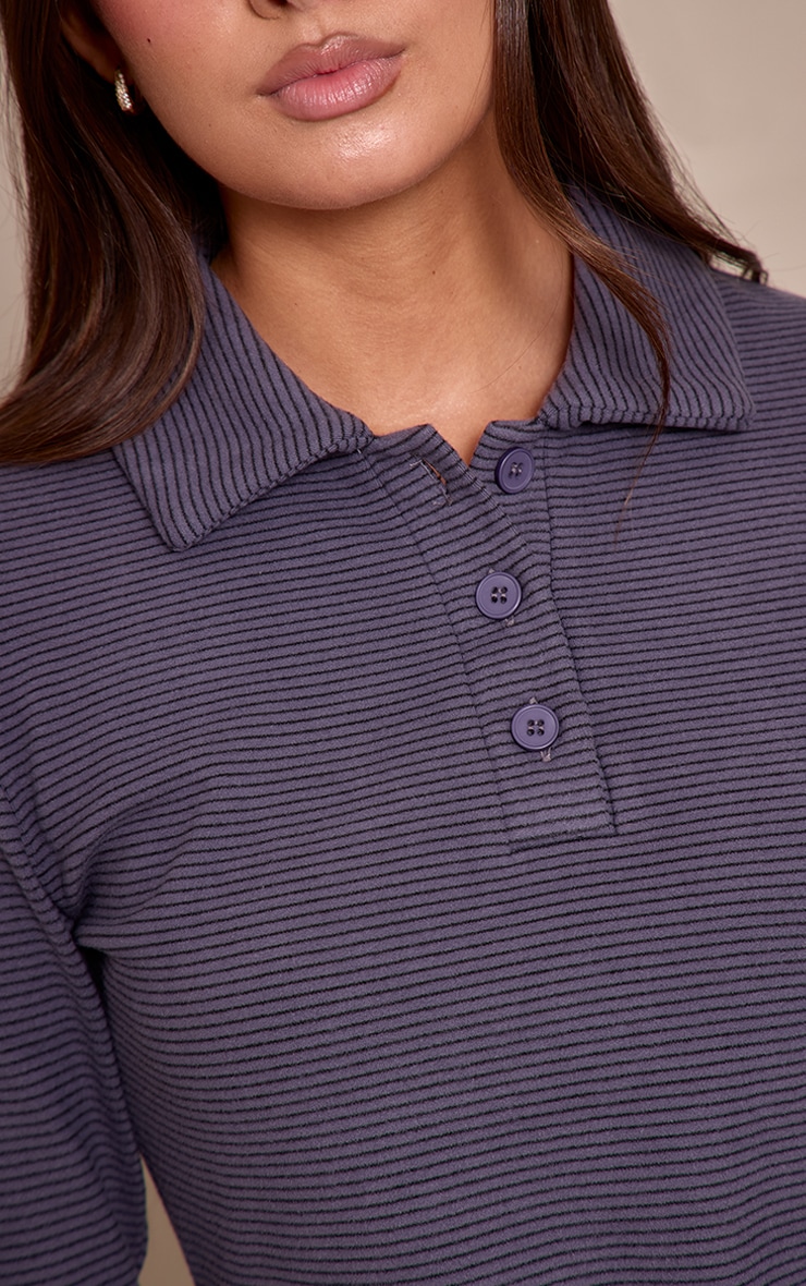 Grey Soft Fleece Pinstripe Collar Detail Long Sleeve Top image 4