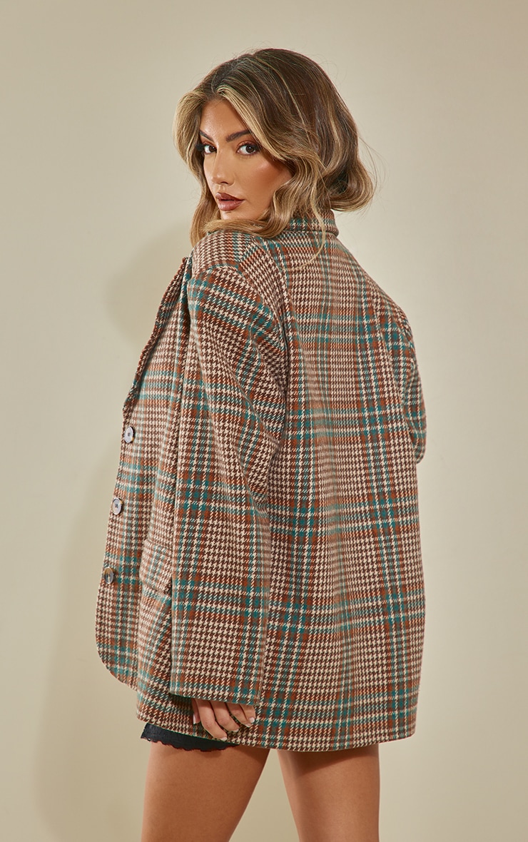 Brown Brushed Check Longline Oversized Curved Hem Blazer image 2