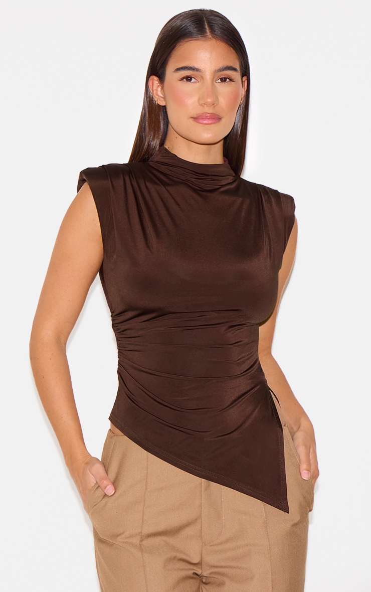 Chocolate Slinky Shoulder Detail Long Top image 1