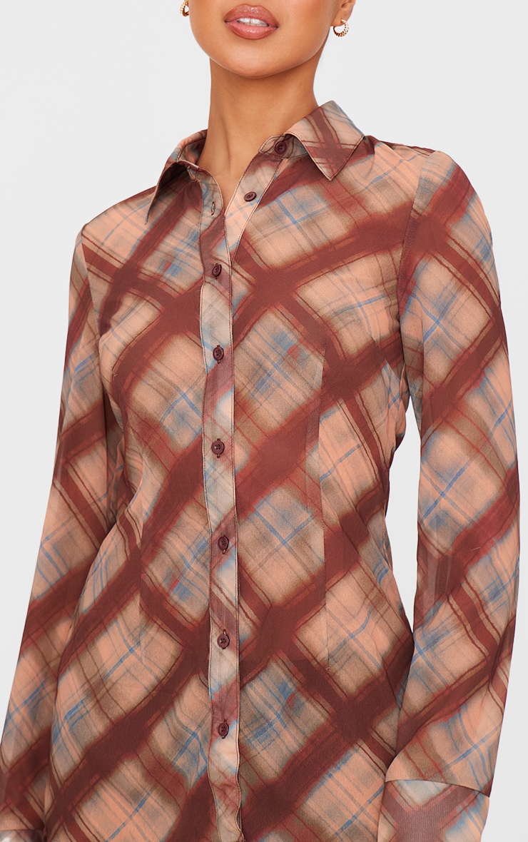 Brown Check Print Chiffon Fitted Shirt image 4