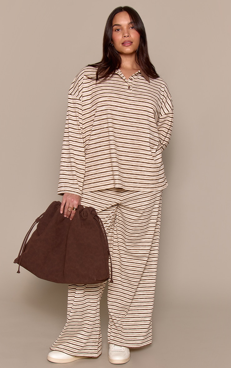 Plus Light Brown Soft Rib Striped Detail Collared Long Sleeve Top image 3