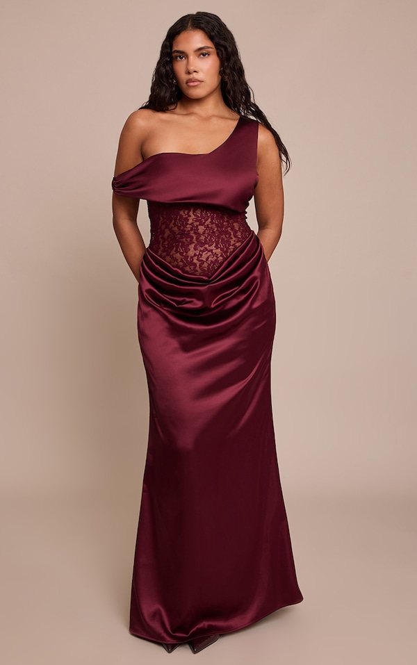 Shape Burgundy Bandeau Lace Insert Maxi Dress