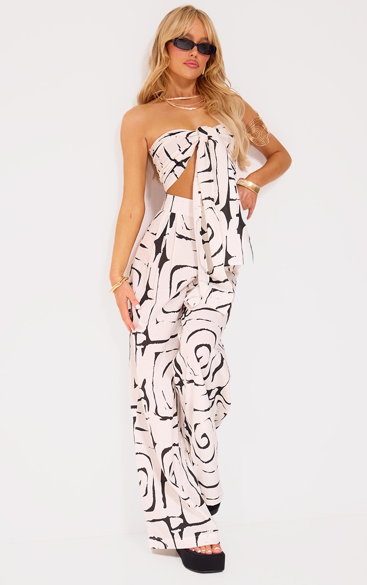 Monochrome Swirl Print Linen Look Tie Front Crop Top image 3