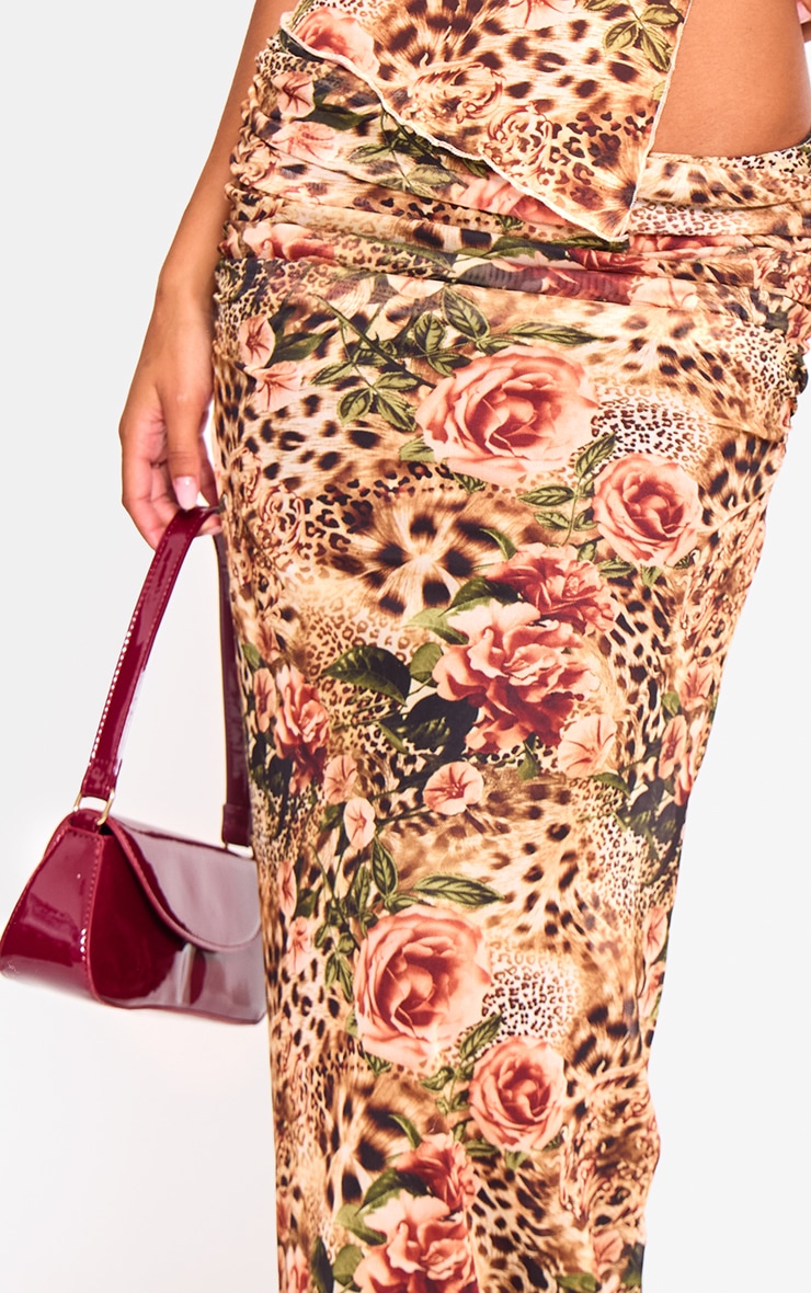 Brown Leopard Printed Mesh Ruched Maxi Skirt image 4