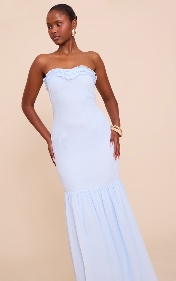 Light Blue Chiffon Bandeau Frill Detail Maxi Dress