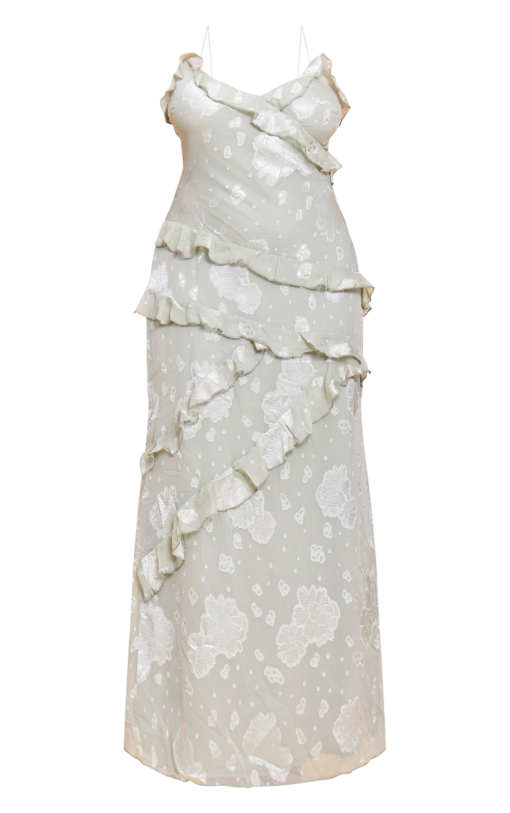 Plus Sage Green Embroidered Frill Maxi Dress image 5