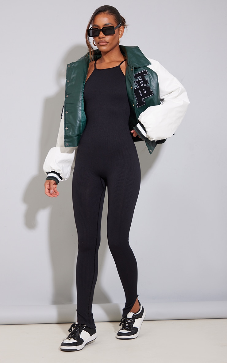 Black Strappy Racer Neck Structured Contour Ribbed Jumpsuit