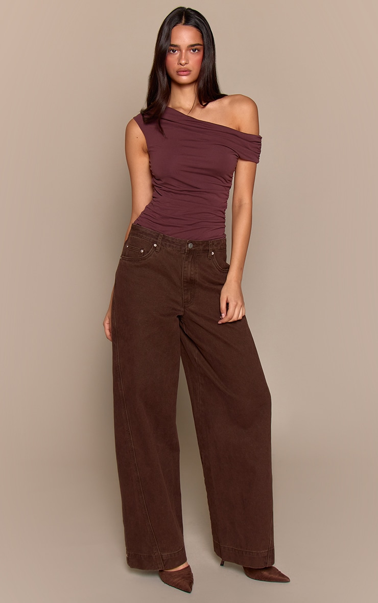 Chocolate Soft Touch Asymmetric Neck Sleeveless Bodysuit image 3