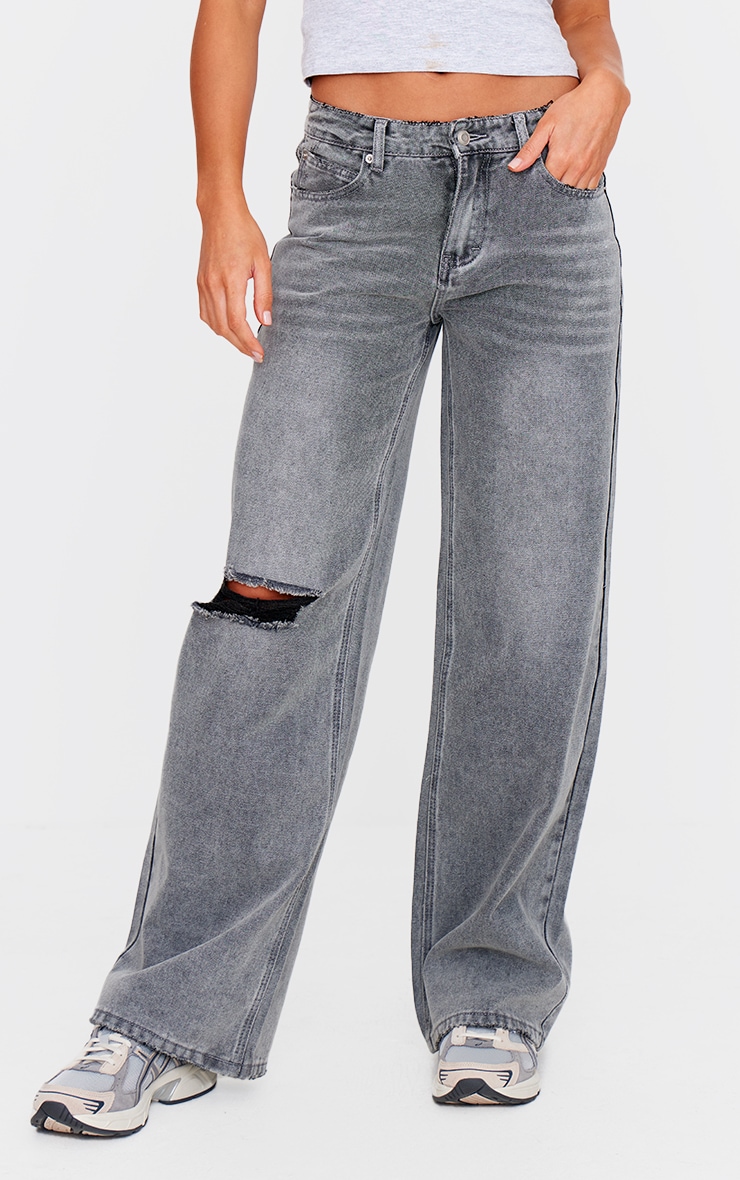 Tall Washed Grey Ripped Knee Frayed Hem Straight Leg Jeans image 2