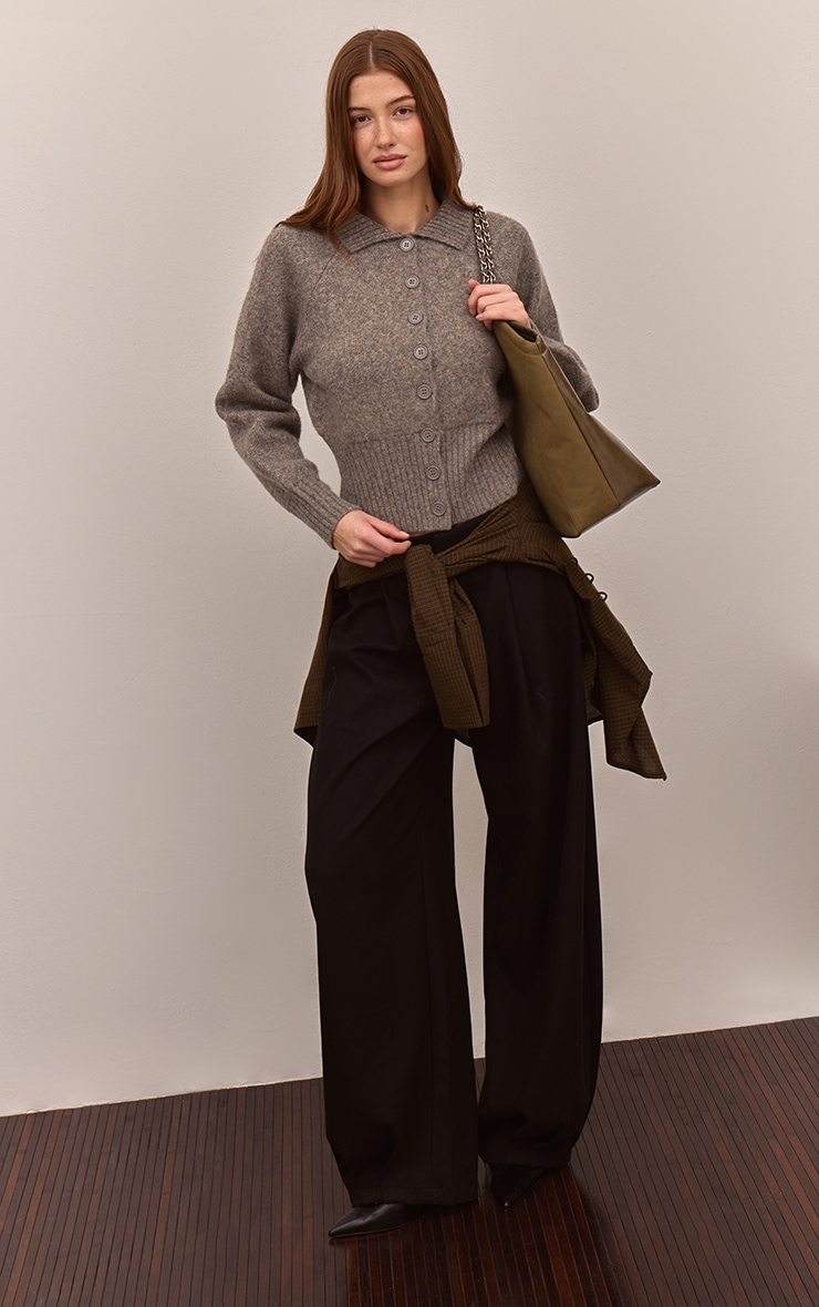 Taupe Collared Waist Detail Knitted Cardigan