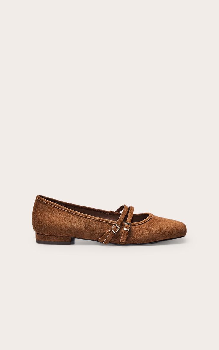 Tan Faux Suede Buckle Strap Square Toe Ballet Flats image 2