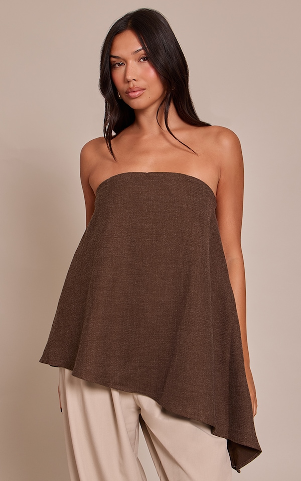 Chocolate Woven Bandeau Asymmetric Hem Long Top