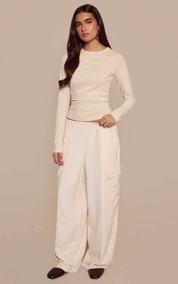 Cream Peachskin Pocket Detail Wide Leg Pants