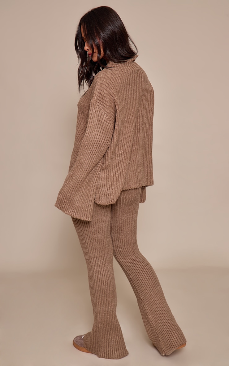 Petite Mocha Rib Knit Wide Leg Trouser