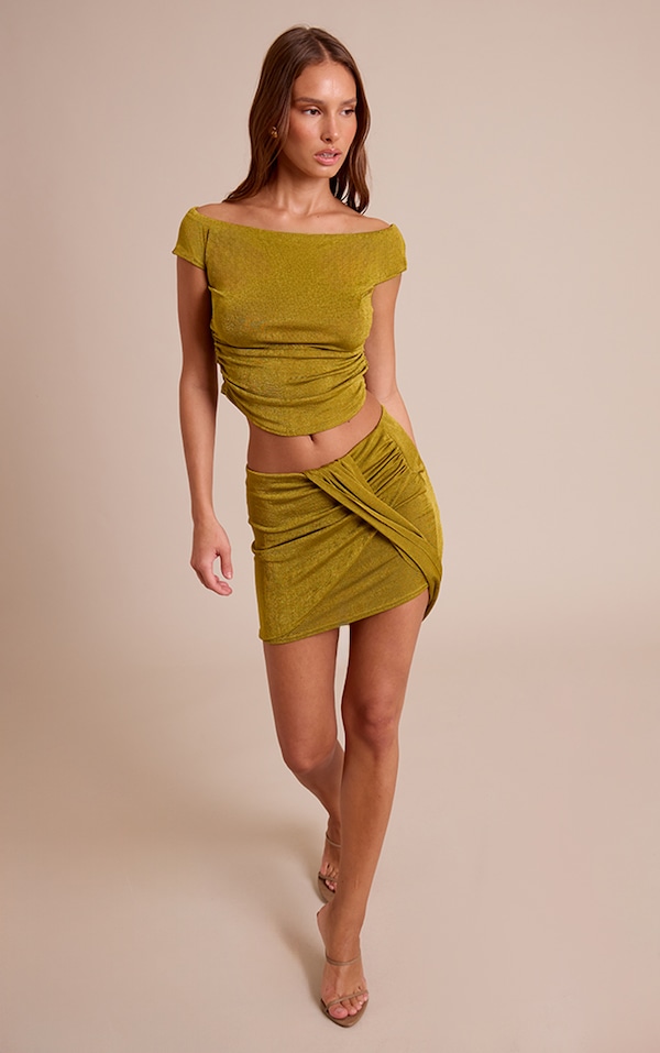 Olive Textured Drape Wrap Over Mini Skirt 