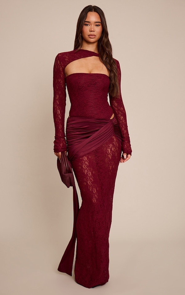 Jupe longue moulante en dentelle rouge vin foncé froncée à partie superposée drapée