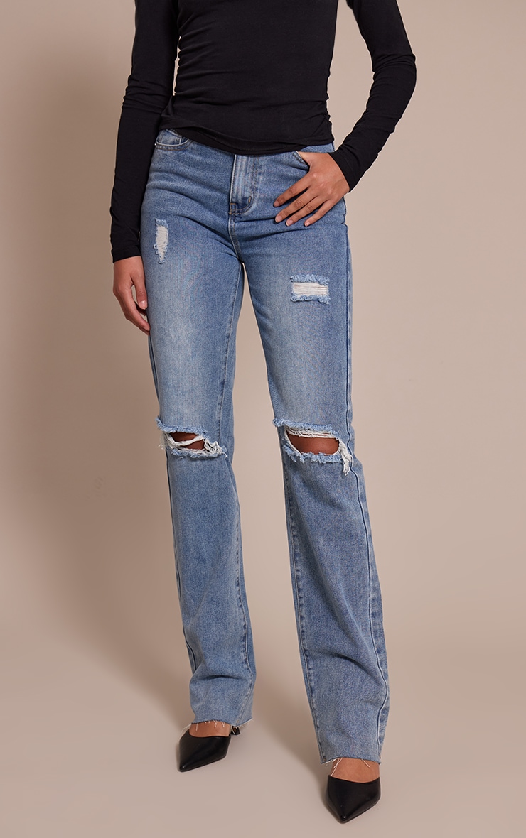 Tall Light Wash Extra Long Ripped High Waist Straight Leg Jeans image 2