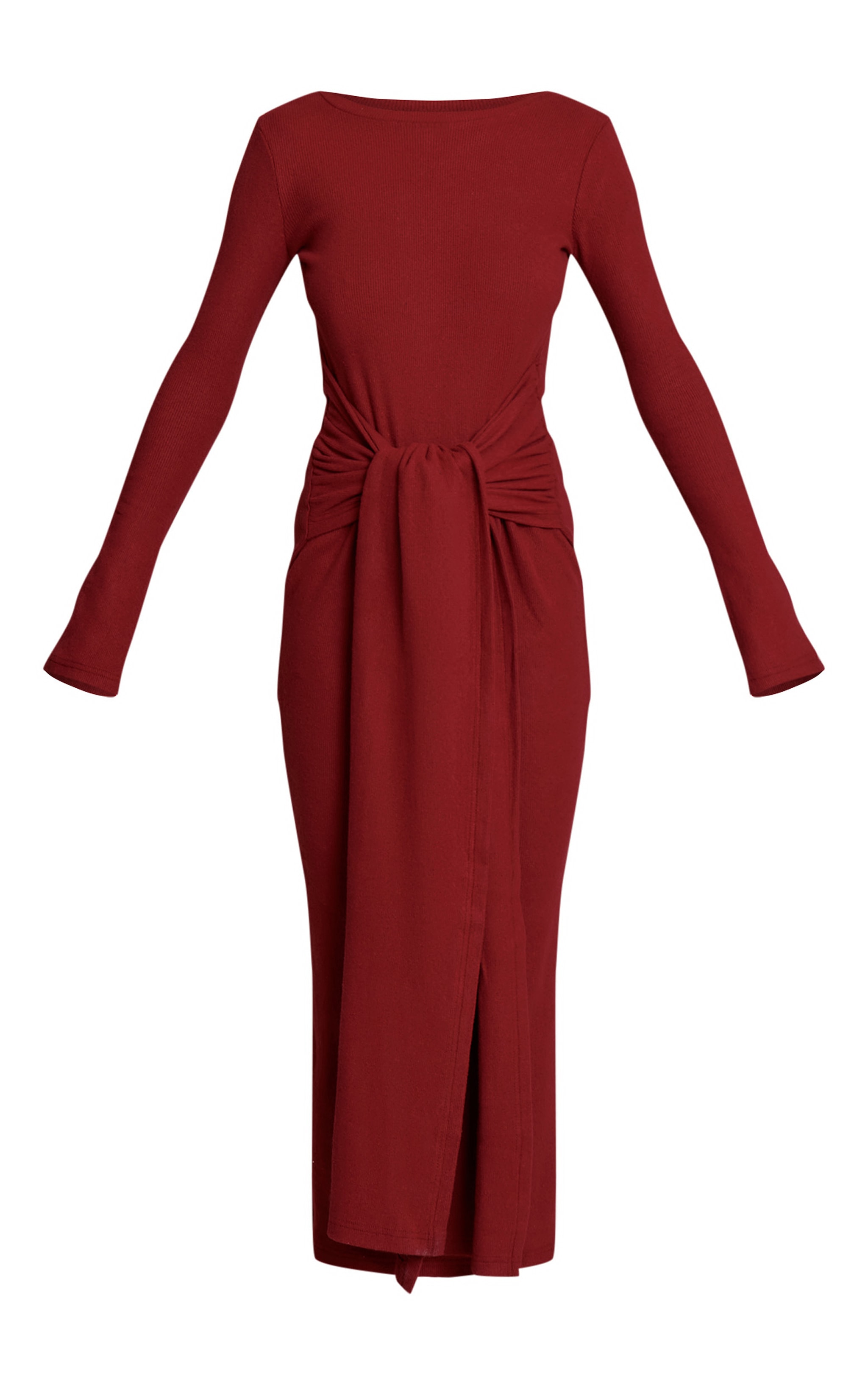Wine Heavy Brushed Rib Wrap Tie Maxi Dress image 5