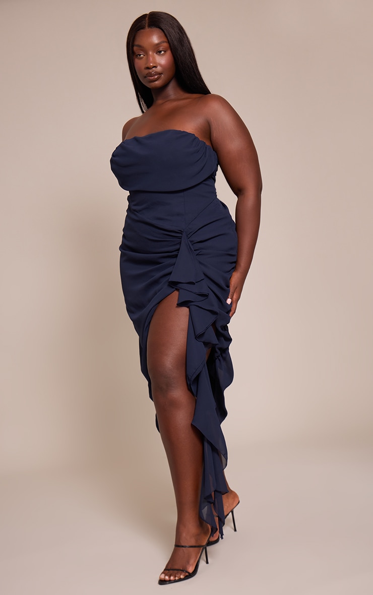 Plus Navy Chiffon Ruched Detail Off Shoulder Midi Dress image 3