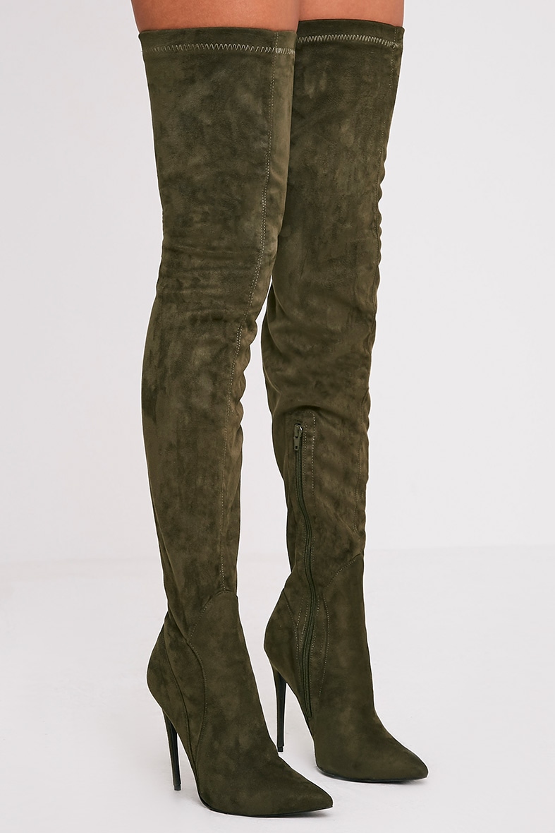 Emmie Khaki Faux Suede Extreme Thigh High Heeled Boots Boots