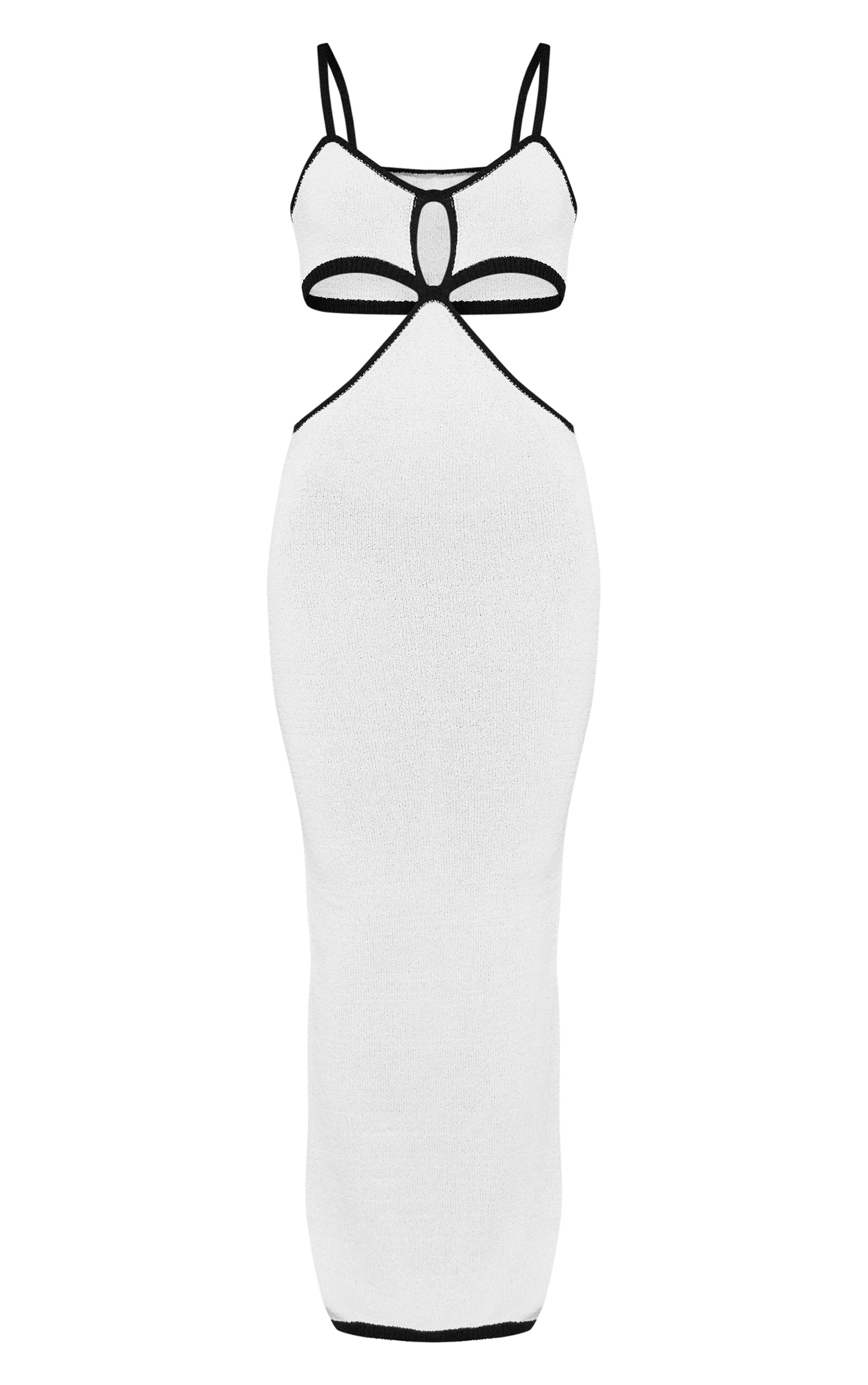 Robe longue en maille éponge crème à découpes et lisérés contrastants image 5