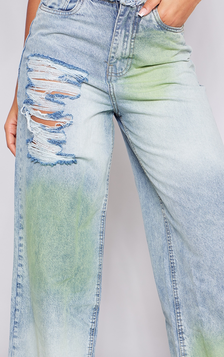 Green Tint Vintage Wash Distressed Seam Detail Wide Leg Jeans image 4