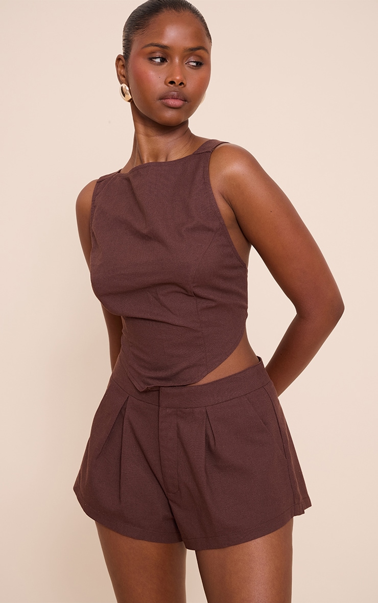 Dark Brown Linen Look Woven Tailored Shorts image 2