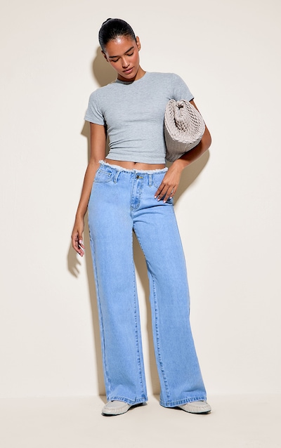 Light Blue Wash Fray Waistband Low Waist Straight Leg Jean