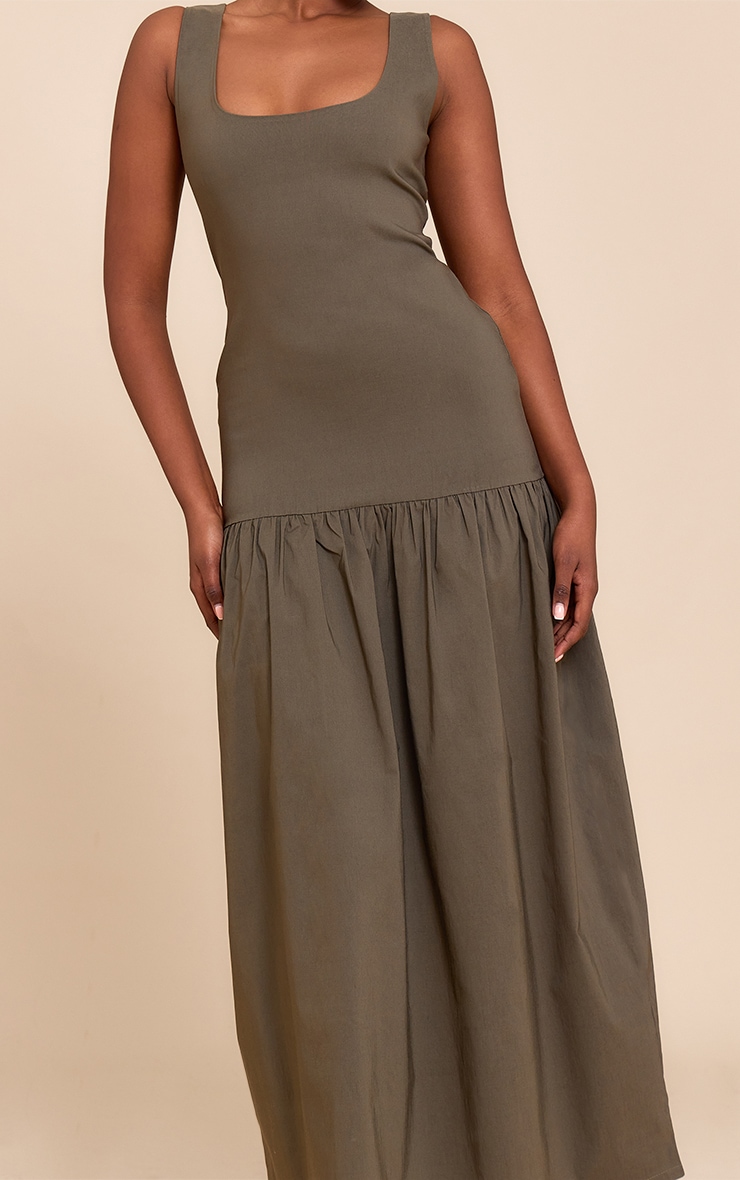 Khaki Stretch Woven Drop Waist Maxi Dress image 4