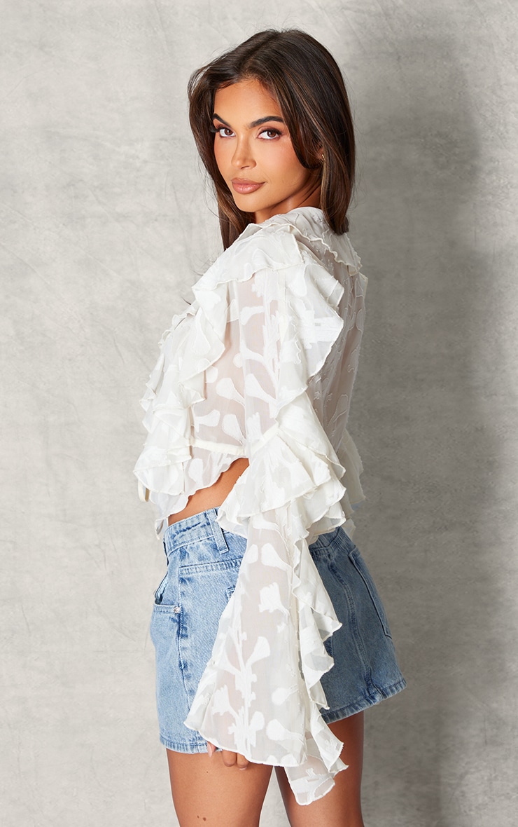 Cream Floral Organza Ruffle Tie Crop Blouse image 2