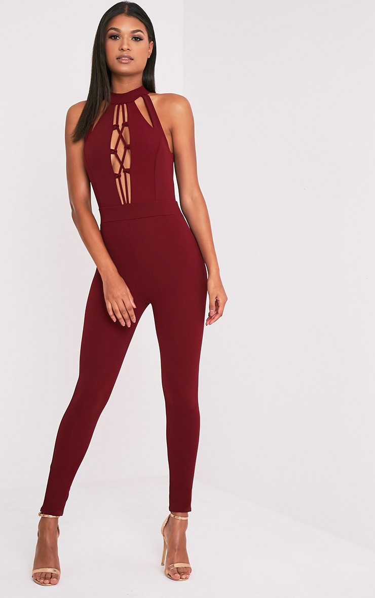 pretty little thing burgundy jumpsuit