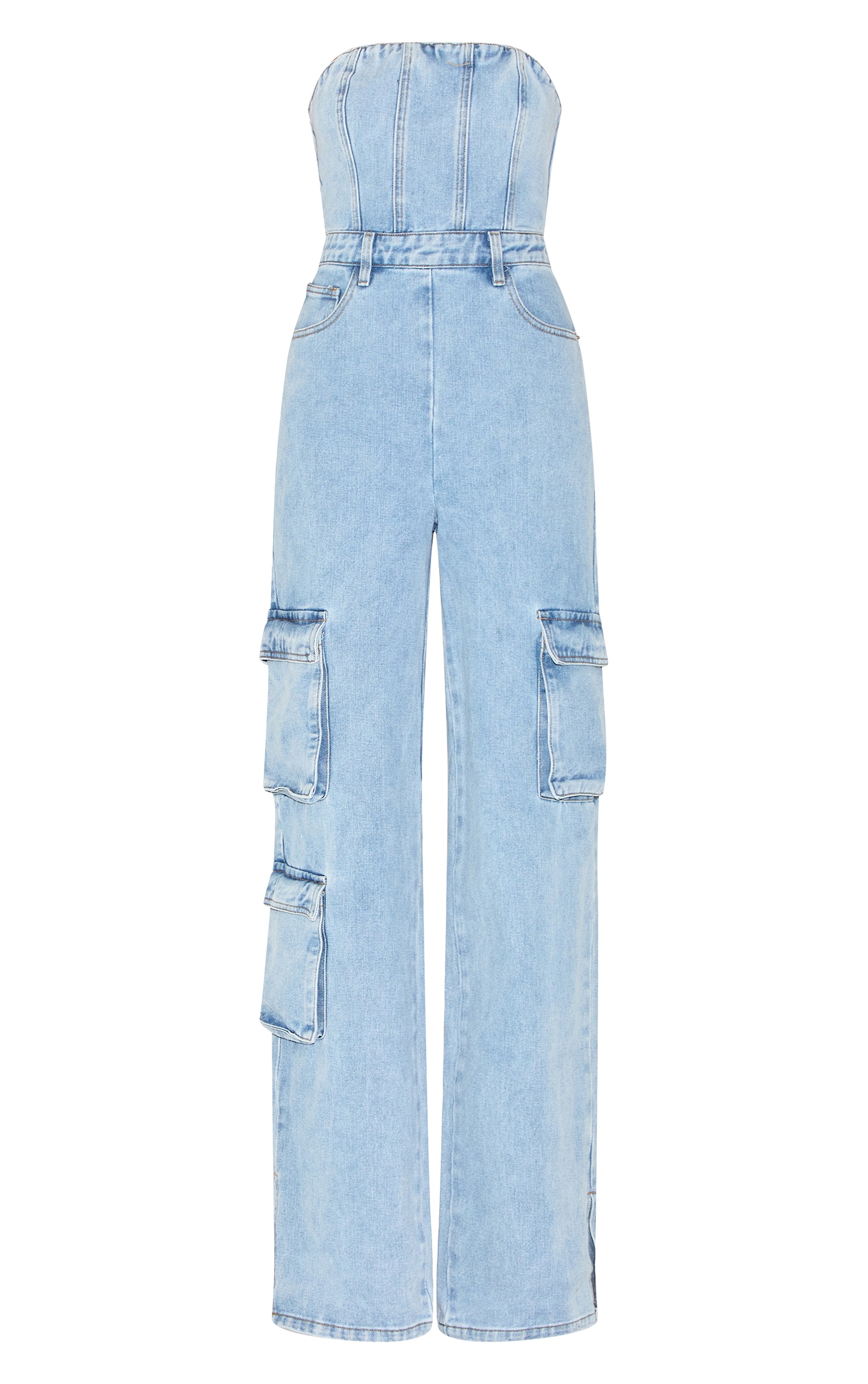 Light Blue Wash Cargo Pocket Bandeau Denim Jumpsuit image 5