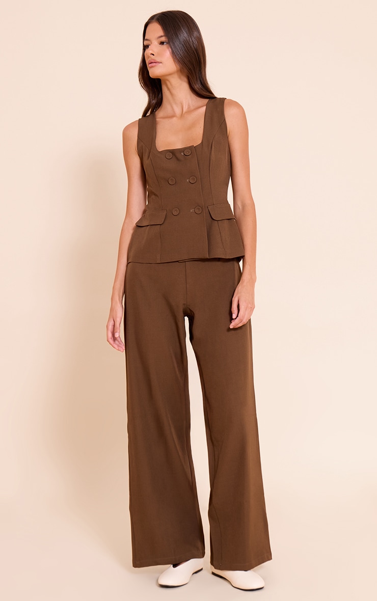 Chocolate Woven Button Detail Wide Leg Jumpsuit image 3
