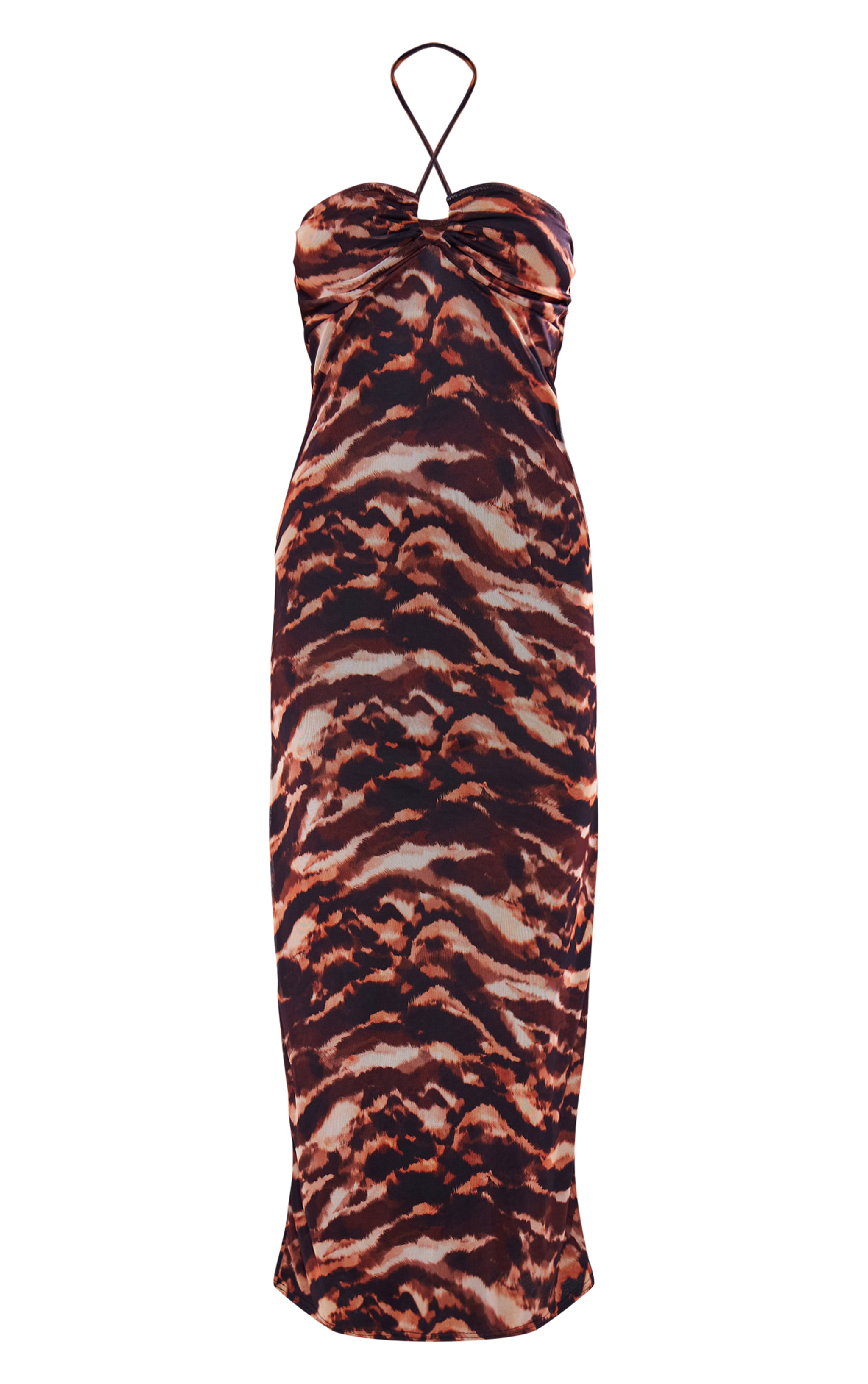 Brown Abstract Print Mesh Halterneck Maxi Dress image 5