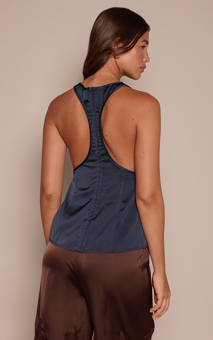 Charcoal Racer Back Longline Detail Satin Top image 2