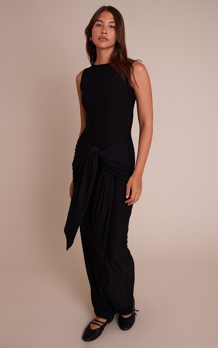Black Jersey Boat Neck Wrap Detail Maxi Dress