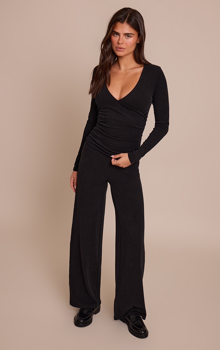 Pantalon décontracté droit en coton doux noir à taille basse image 1