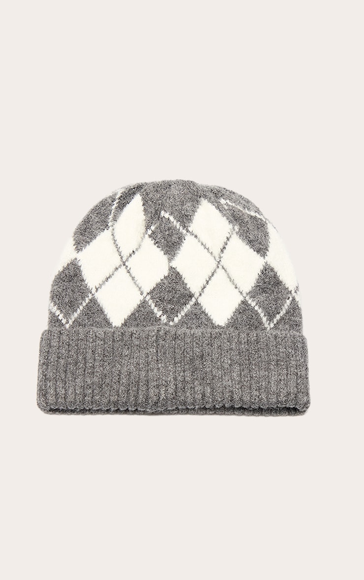 Charcoal Argyle Knitted Fold Over Beanie image 2