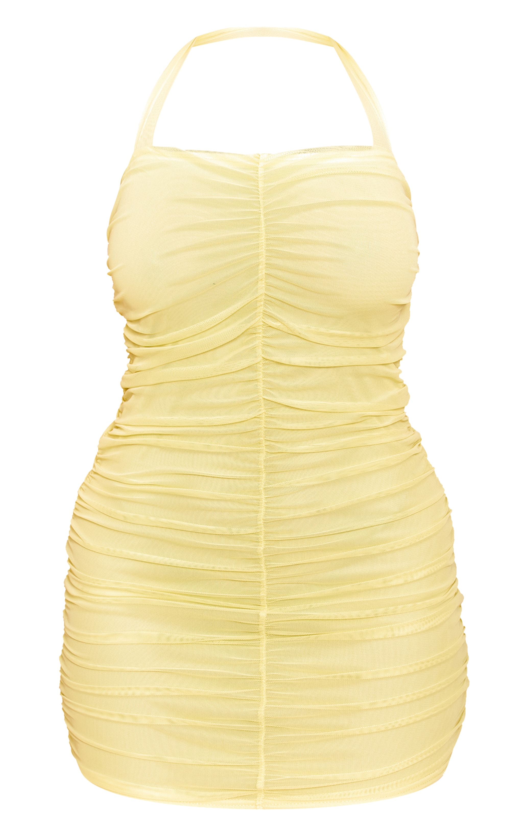 Shape Butter Yellow Mesh Ruched Halterneck Mini Dress image 5