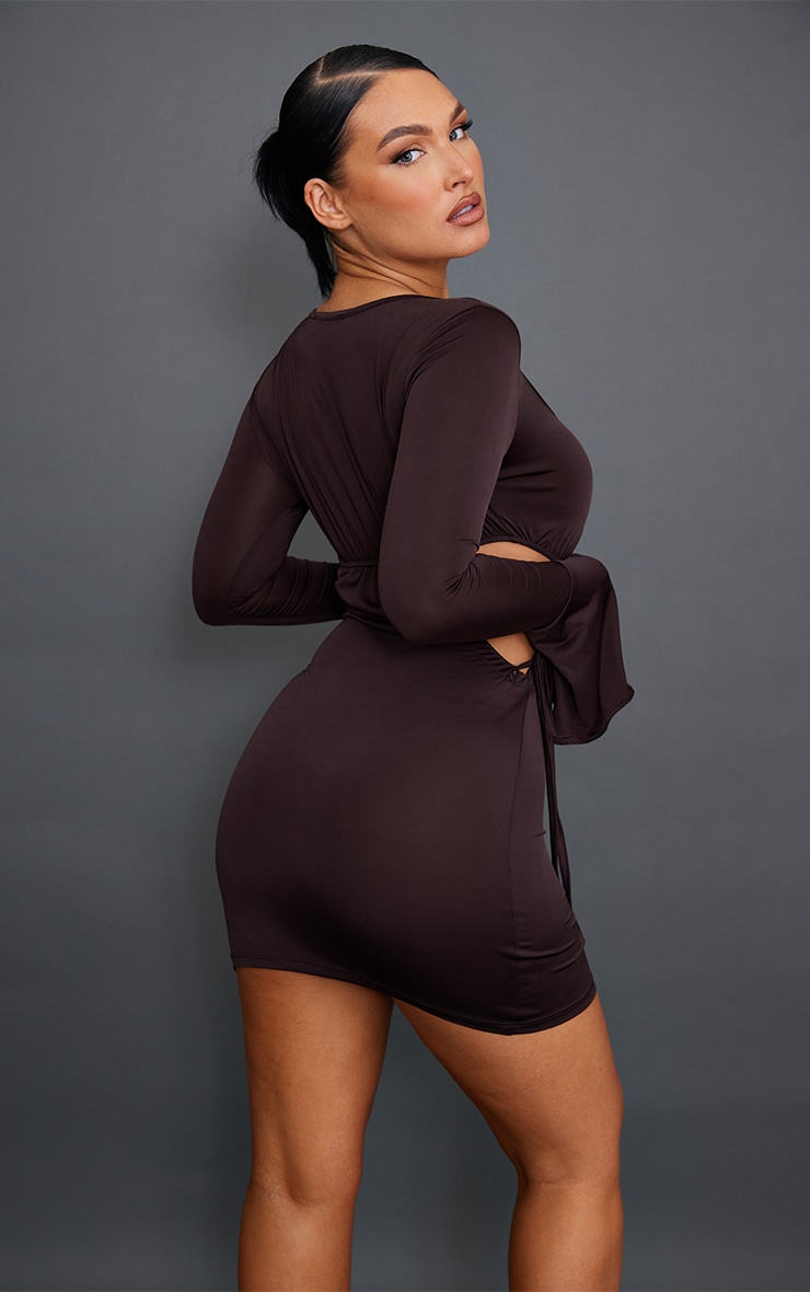 Chocolate Slinky Side Cut Out Flared Sleeve Bodycon Dress image 2