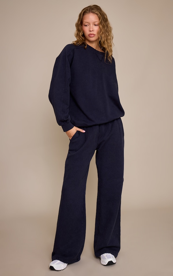 Navy Acid Washed Wide Leg Sweatpants
