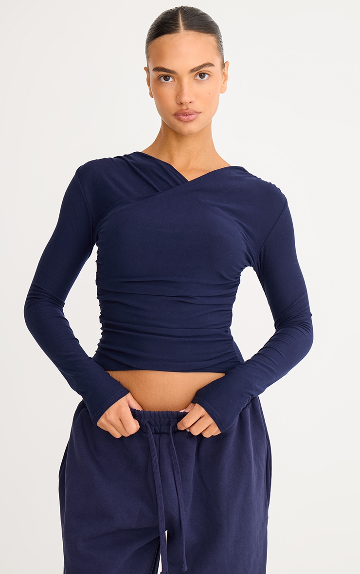 Navy Soft Touch Ruched Long Sleeve Longline Top image 4