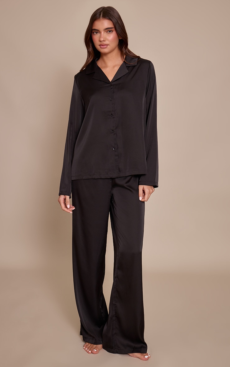 Black Satin Long Sleeve Button Down Shirt PJ Set image 1