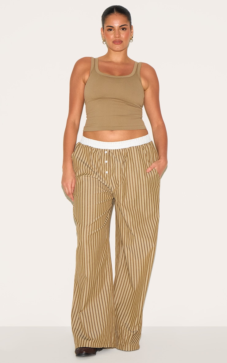 Plus Brown Pinstripe Cotton Poplin Contrast Waistband Pant image 2